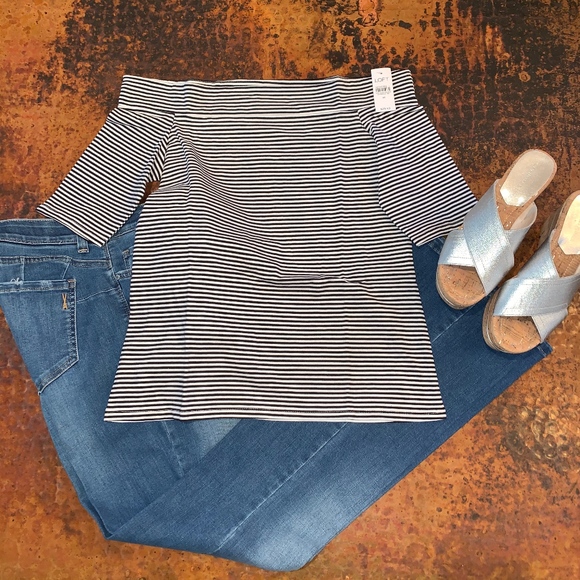 LOFT Tops - NWT LOFT Striped Elbow Sleeve Off Shoulder Tee